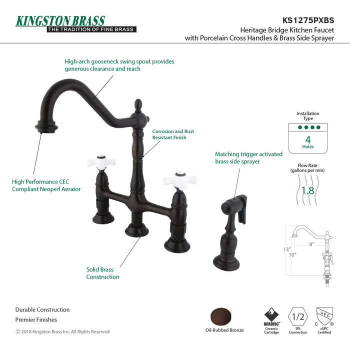 Heritage KS1275PXBS Two-Handle 4-Hole Deck Mount Bridge Kitchen Faucet with Brass Sprayer, Oil Rubbed Bronze