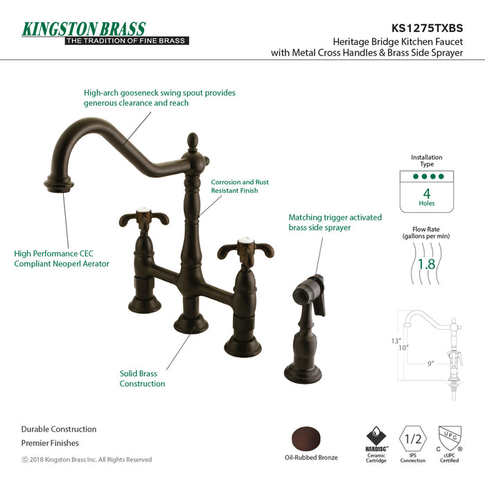 French Country KS1275TXBS Two-Handle 4-Hole Deck Mount Bridge Kitchen Faucet with Brass Sprayer, Oil Rubbed Bronze