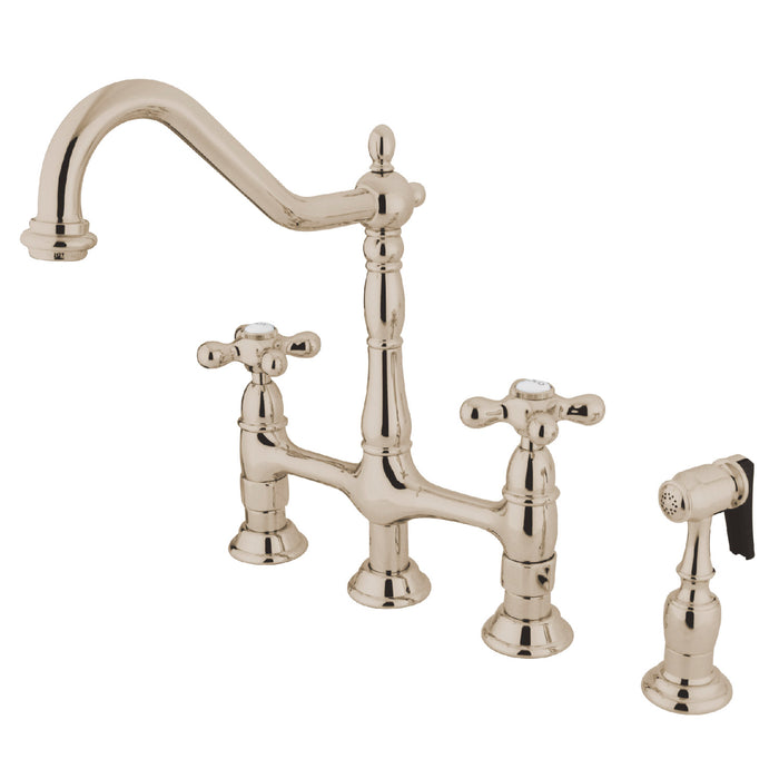 Heritage KS1276AXBS Two-Handle 4-Hole Deck Mount Bridge Kitchen Faucet with Brass Sprayer, Polished Nickel