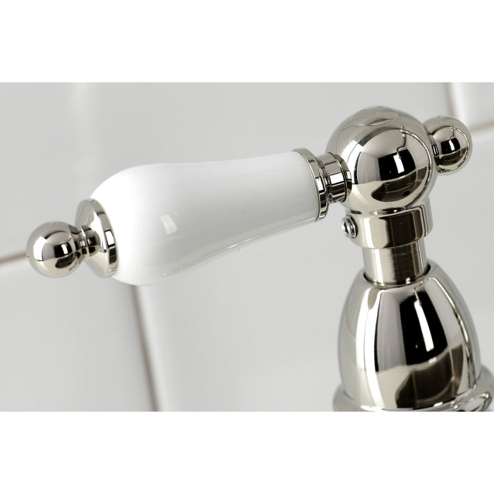 Heritage KS1276PLBS Two-Handle 4-Hole Deck Mount Bridge Kitchen Faucet with Brass Sprayer, Polished Nickel