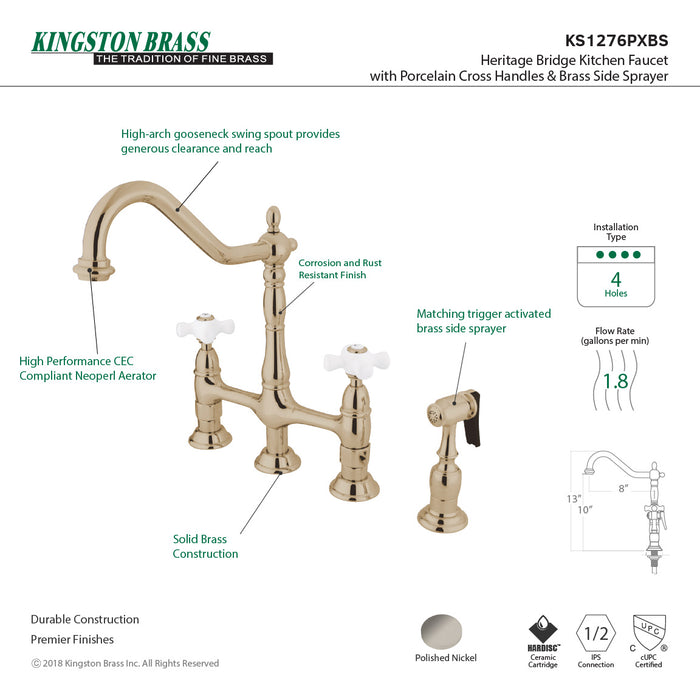Kingston Heirloom KS1276PXBS - Heritage Two-Handle 4-Hole Deck Mount Bridge Kitchen Faucet with Brass Sprayer, Polished Nickel