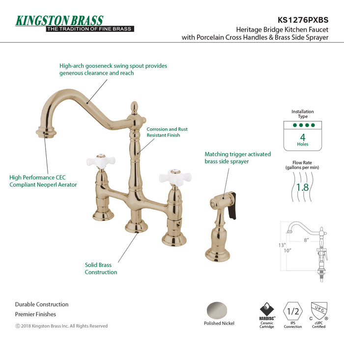 Heritage KS1276PXBS Two-Handle 4-Hole Deck Mount Bridge Kitchen Faucet with Brass Sprayer, Polished Nickel