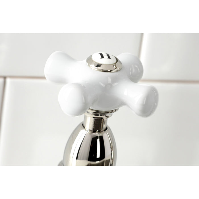 Kingston Heirloom KS1276PXBS - Heritage Two-Handle 4-Hole Deck Mount Bridge Kitchen Faucet with Brass Sprayer, Polished Nickel