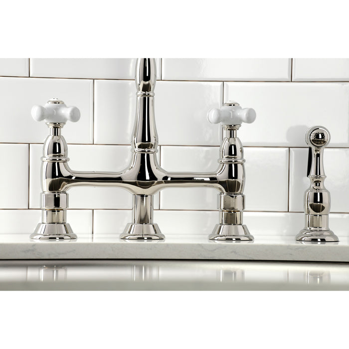 Heritage KS1276PXBS Two-Handle 4-Hole Deck Mount Bridge Kitchen Faucet with Brass Sprayer, Polished Nickel