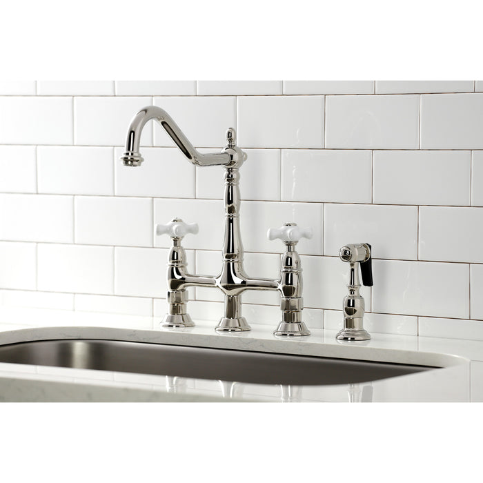 Kingston Heirloom KS1276PXBS - Heritage Two-Handle 4-Hole Deck Mount Bridge Kitchen Faucet with Brass Sprayer, Polished Nickel