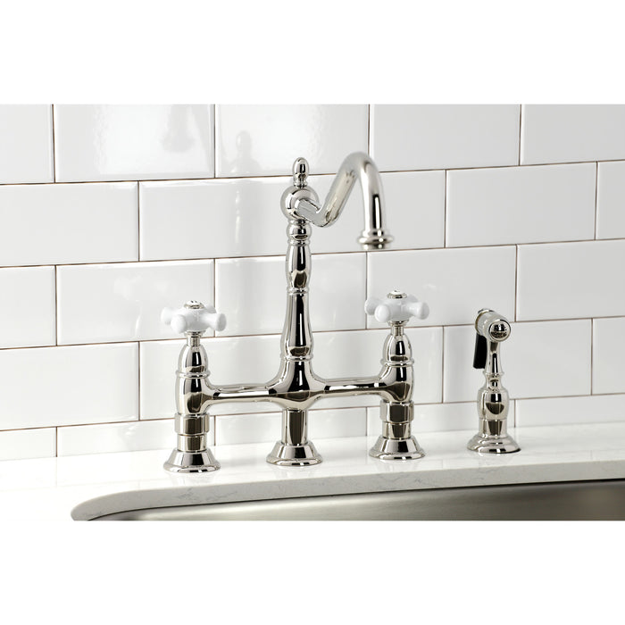 Kingston Heirloom KS1276PXBS - Heritage Two-Handle 4-Hole Deck Mount Bridge Kitchen Faucet with Brass Sprayer, Polished Nickel