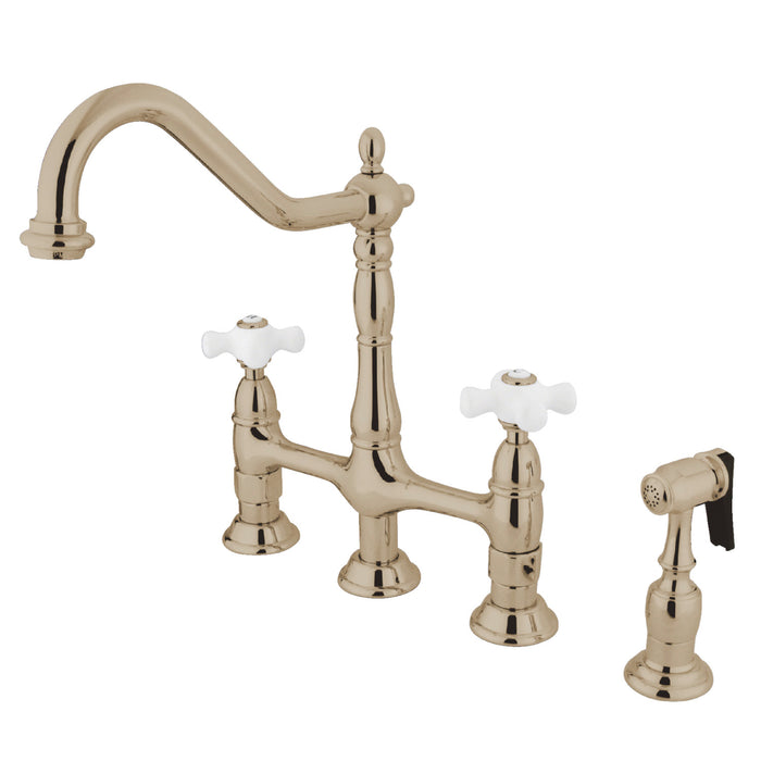 Kingston Heirloom KS1276PXBS - Heritage Two-Handle 4-Hole Deck Mount Bridge Kitchen Faucet with Brass Sprayer, Polished Nickel