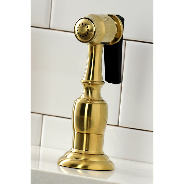 Heritage KS1277AXBS Two-Handle 4-Hole Deck Mount Bridge Kitchen Faucet with Brass Sprayer, Brushed Brass