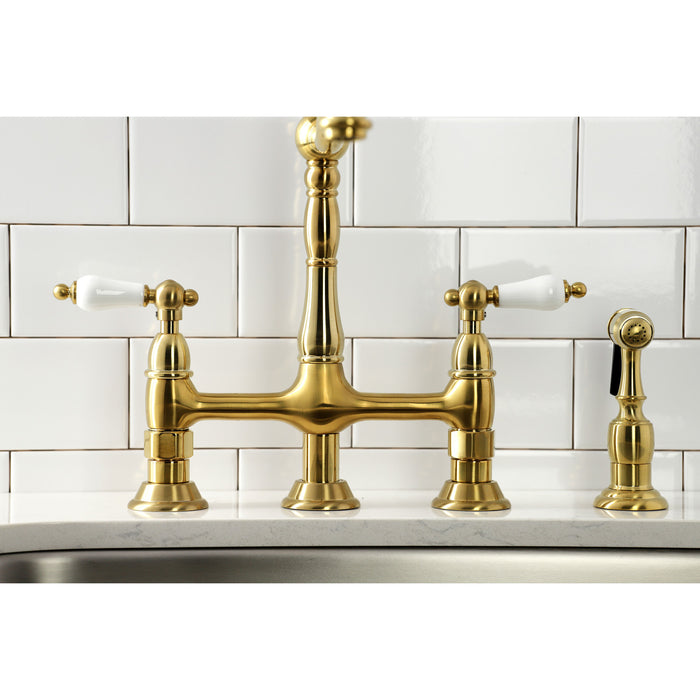 Heritage KS1277PLBS Two-Handle 4-Hole Deck Mount Bridge Kitchen Faucet with Brass Sprayer, Brushed Brass