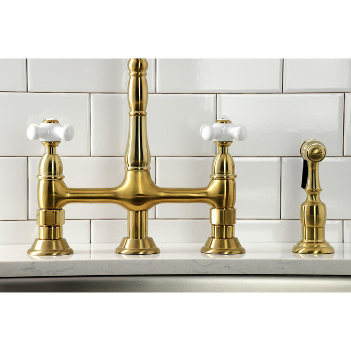 Kingston Heirloom KS1277PXBS - Heritage Two-Handle 4-Hole Deck Mount Bridge Kitchen Faucet with Brass Sprayer, Brushed Brass