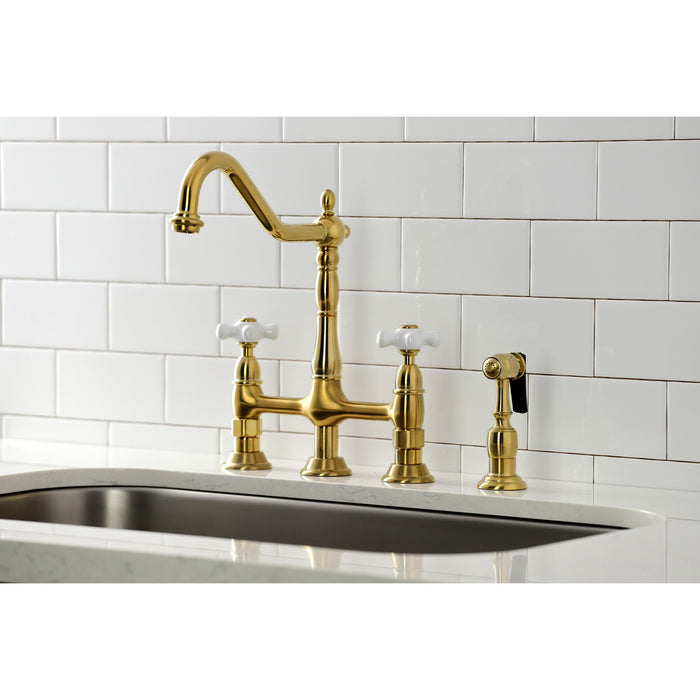Heritage KS1277PXBS Two-Handle 4-Hole Deck Mount Bridge Kitchen Faucet with Brass Sprayer, Brushed Brass