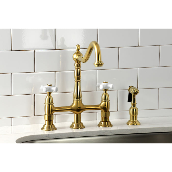 Kingston Heirloom KS1277PXBS - Heritage Two-Handle 4-Hole Deck Mount Bridge Kitchen Faucet with Brass Sprayer, Brushed Brass