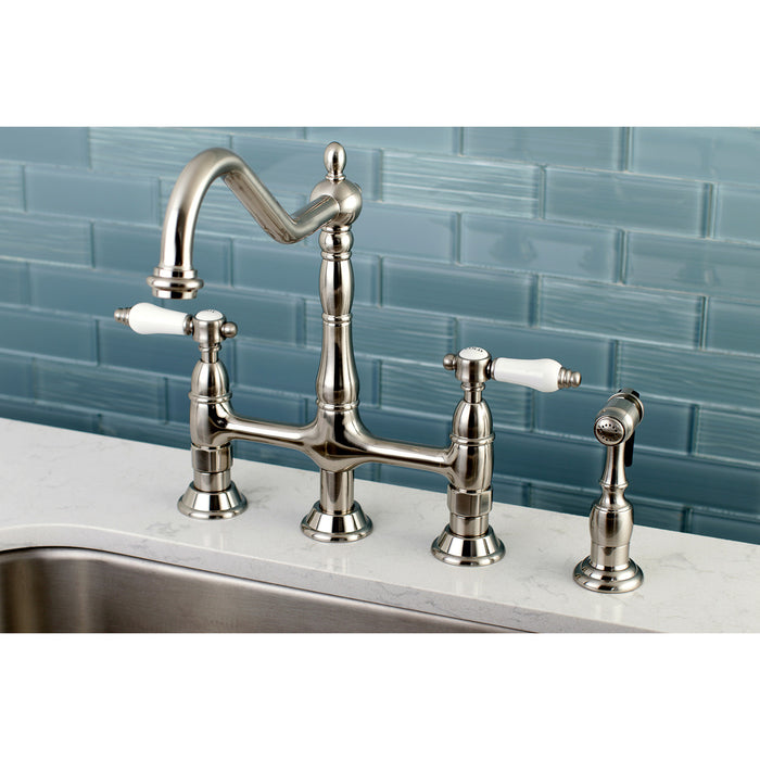 Bel-Air KS1278BPLBS Two-Handle 4-Hole Deck Mount Bridge Kitchen Faucet with Brass Sprayer, Brushed Nickel
