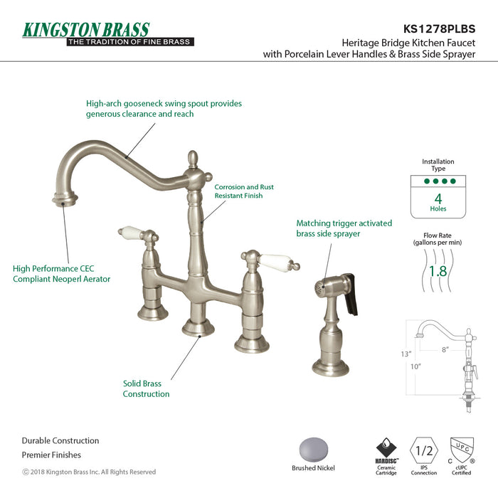 Heritage KS1278PLBS Two-Handle 4-Hole Deck Mount Bridge Kitchen Faucet with Brass Sprayer, Brushed Nickel