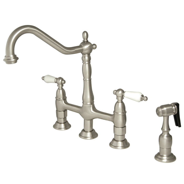 Heritage KS1278PLBS Two-Handle 4-Hole Deck Mount Bridge Kitchen Faucet with Brass Sprayer, Brushed Nickel