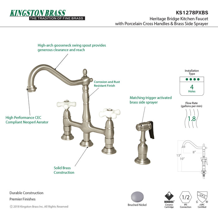 Heritage KS1278PXBS Two-Handle 4-Hole Deck Mount Bridge Kitchen Faucet with Brass Side Sprayer, Brushed Nickel