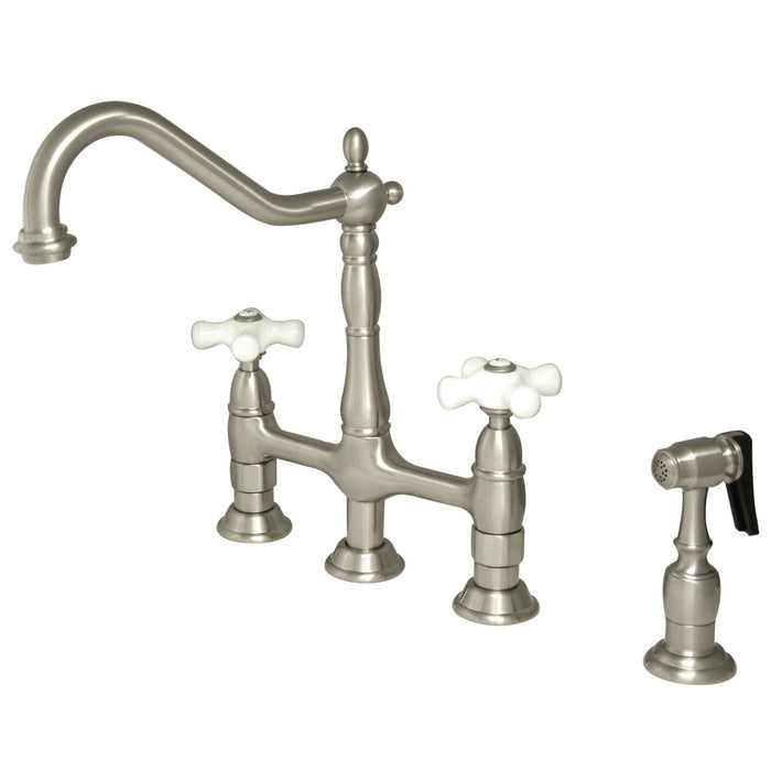 Heritage KS1278PXBS Two-Handle 4-Hole Deck Mount Bridge Kitchen Faucet with Brass Side Sprayer, Brushed Nickel