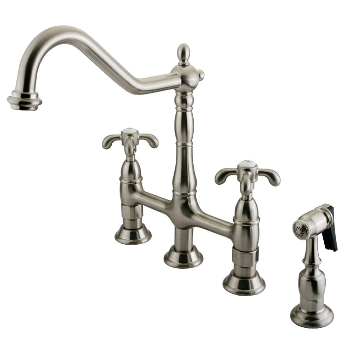French Country KS1278TXBS Two-Handle 4-Hole Deck Mount Bridge Kitchen Faucet with Brass Sprayer, Brushed Nickel