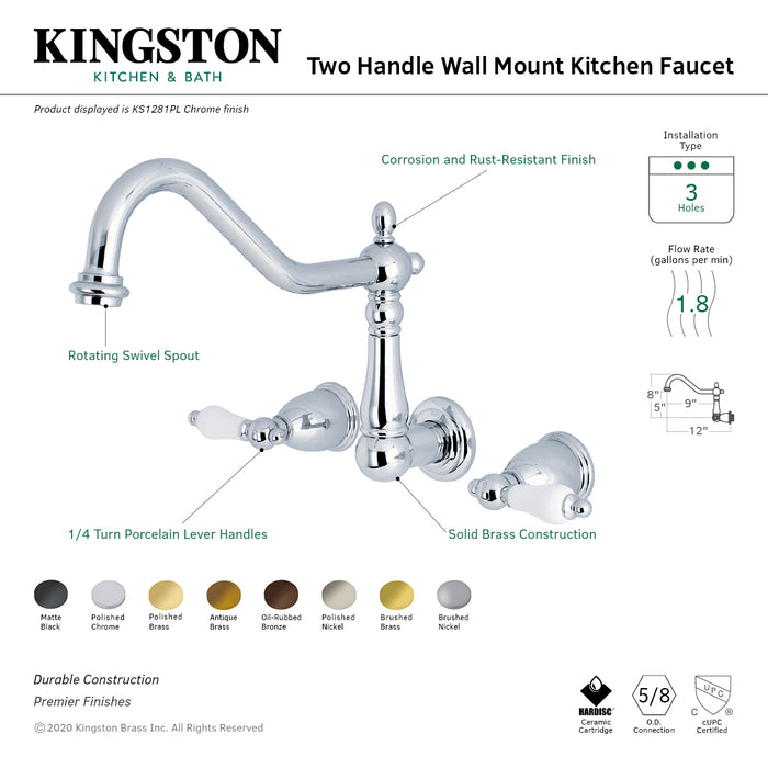 Heritage KS1281PL Two-Handle 3-Hole Wall Mount Kitchen Faucet, Polished Chrome