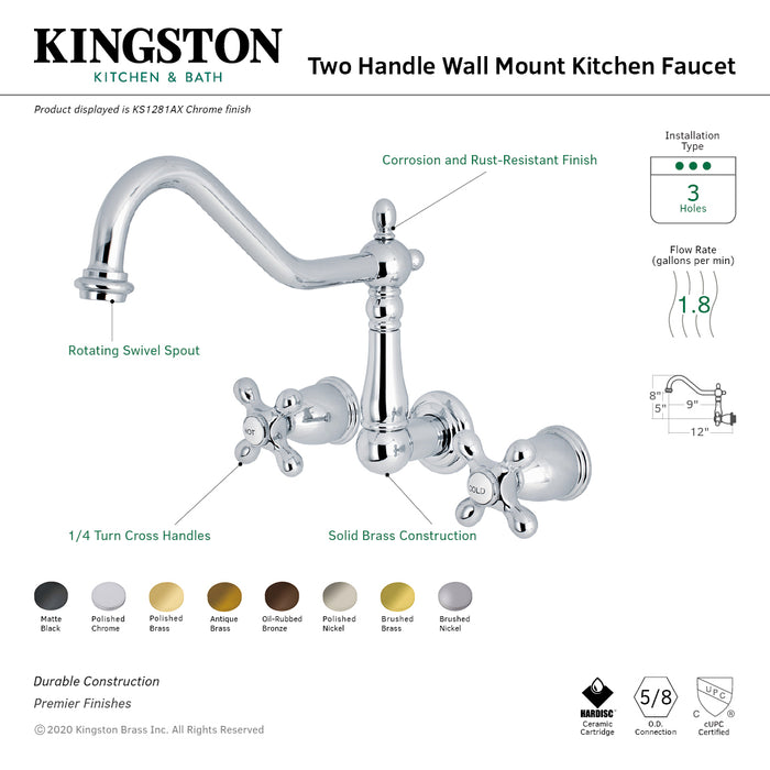 Kingston Heirloom KS1282AX - Heritage Two-Handle 3-Hole Wall Mount Kitchen Faucet, Polished Brass