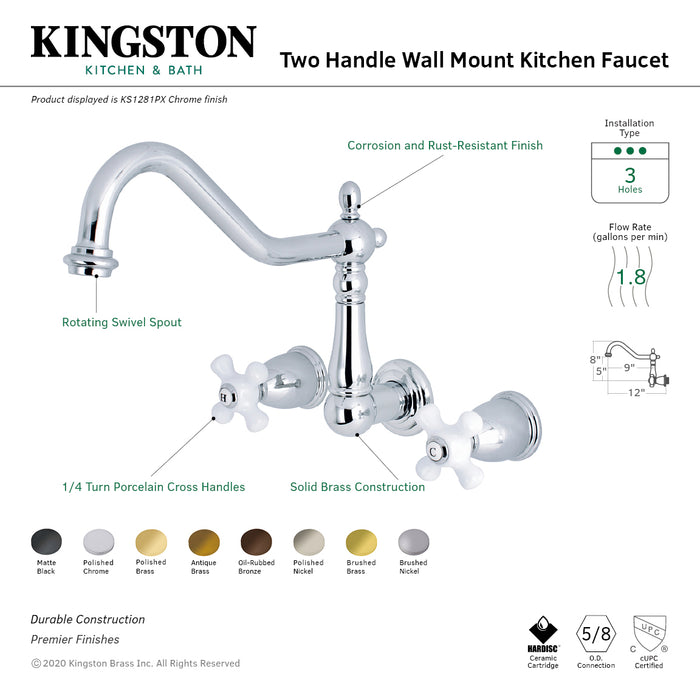 Heritage KS1282PX Two-Handle 3-Hole Wall Mount Kitchen Faucet, Polished Brass