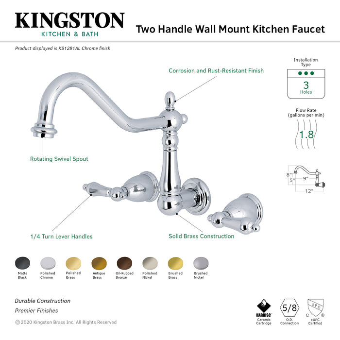 Heritage KS1287AL Two-Handle 3-Hole Wall Mount Kitchen Faucet, Brushed Brass