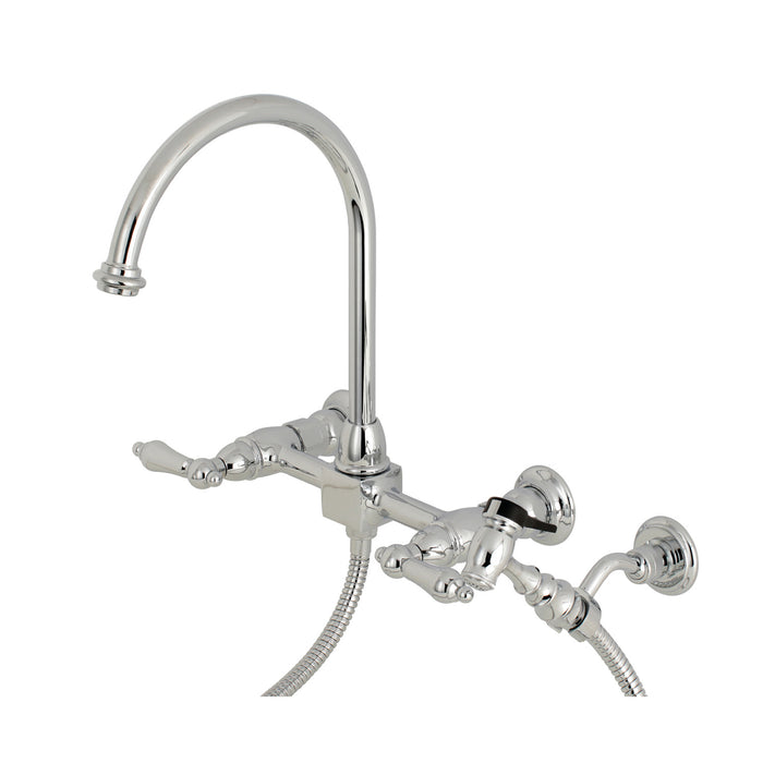 Restoration KS1291ALBS Two-Handle 2-Hole Wall Mount Bridge Kitchen Faucet with Brass Sprayer, Polished Chrome