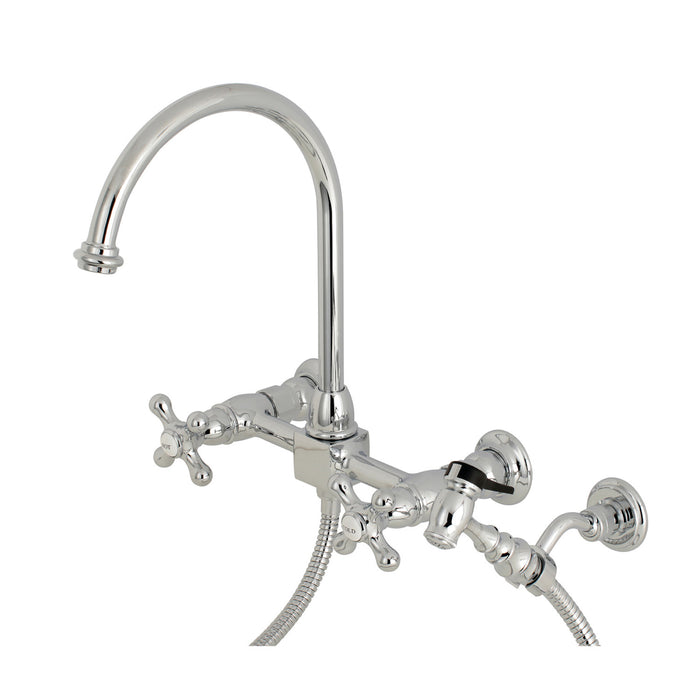Restoration KS1291AXBS Two-Handle 2-Hole Wall Mount Bridge Kitchen Faucet with Brass Sprayer, Polished Chrome