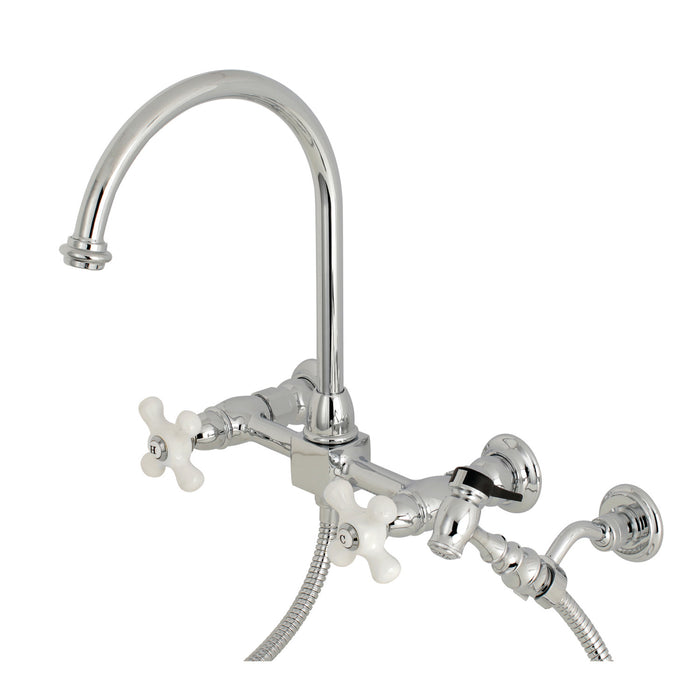 Restoration KS1291PXBS Two-Handle 2-Hole Wall Mount Bridge Kitchen Faucet with Brass Sprayer, Polished Chrome