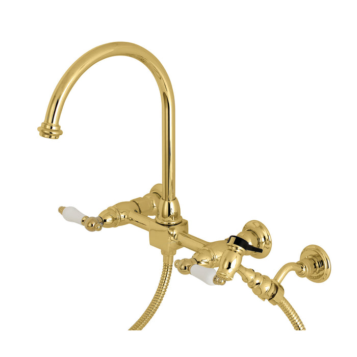 Restoration KS1292PLBS Two-Handle 2-Hole Wall Mount Bridge Kitchen Faucet with Brass Sprayer, Polished Brass