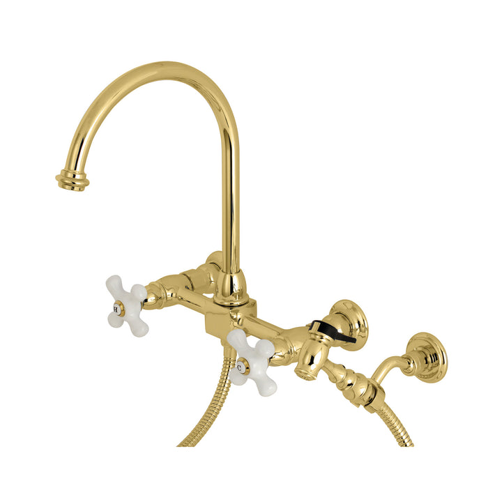 Restoration KS1292PXBS Two-Handle 2-Hole Wall Mount Bridge Kitchen Faucet with Brass Sprayer, Polished Brass