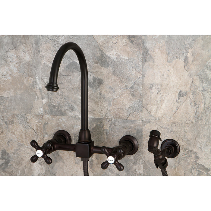 Restoration KS1295AXBS Two-Handle 2-Hole Wall Mount Bridge Kitchen Faucet with Brass Sprayer, Oil Rubbed Bronze