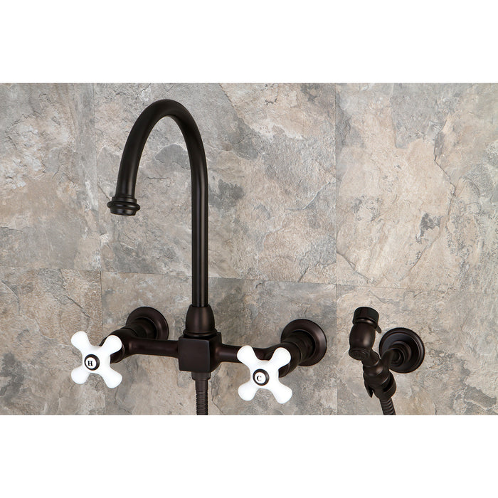 Restoration KS1295PXBS Two-Handle 2-Hole Wall Mount Bridge Kitchen Faucet with Brass Sprayer, Oil Rubbed Bronze