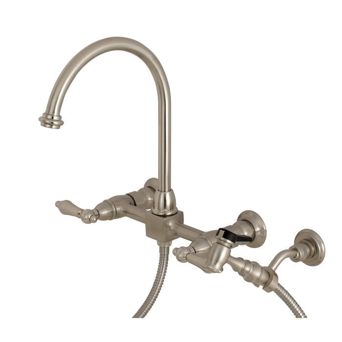 Restoration KS1298ALBS Two-Handle 2-Hole Wall Mount Bridge Kitchen Faucet with Brass Sprayer, Brushed Nickel