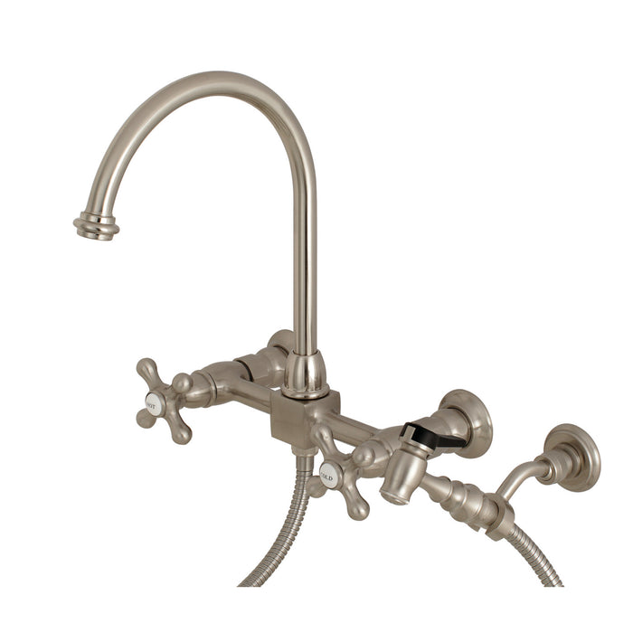 Restoration KS1298AXBS Two-Handle 2-Hole Wall Mount Bridge Kitchen Faucet with Brass Sprayer, Brushed Nickel