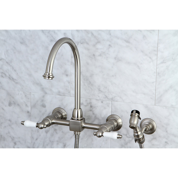 Restoration KS1298PLBS Two-Handle 2-Hole Wall Mount Bridge Kitchen Faucet with Brass Sprayer, Brushed Nickel