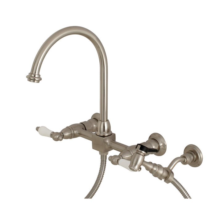 Restoration KS1298PLBS Two-Handle 2-Hole Wall Mount Bridge Kitchen Faucet with Brass Sprayer, Brushed Nickel
