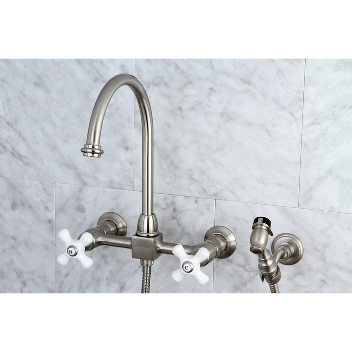 Restoration KS1298PXBS Two-Handle 2-Hole Wall Mount Bridge Kitchen Faucet with Brass Sprayer, Brushed Nickel