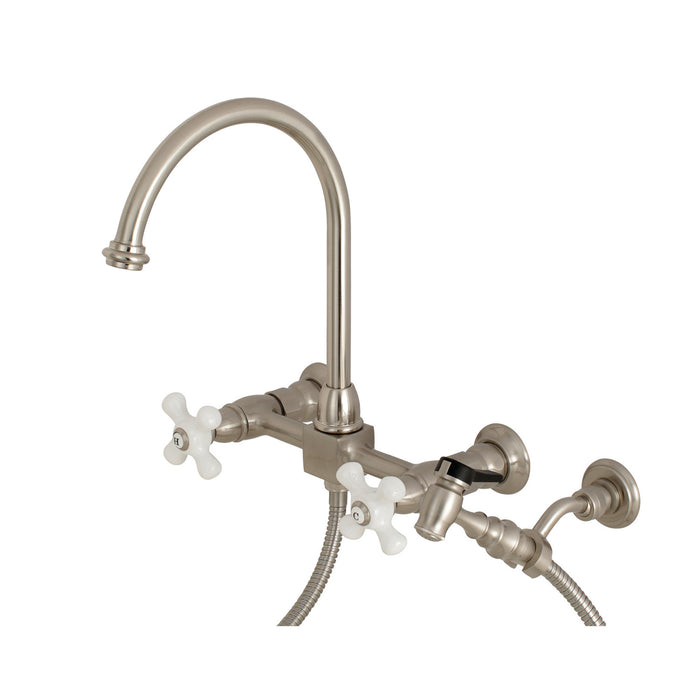 Restoration KS1298PXBS Two-Handle 2-Hole Wall Mount Bridge Kitchen Faucet with Brass Sprayer, Brushed Nickel