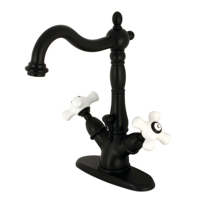 Kingston Heirloom KS1430PX - Heritage Double-Handle 1-or-3 Hole Deck Mount 4-Inch Centerset Bathroom Faucet with Brass Pop-Up, Matte Black