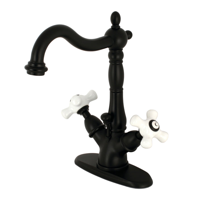 Heritage KS1430PX Two-Handle 1-or-3 Hole Deck Mount Bathroom Faucet with Brass Pop-Up, Matte Black