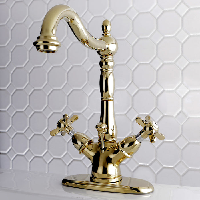 Kingston Heirloom KS1432BEX - Essex Double-Handle 1-or-3 Hole Deck Mount 4-Inch Centerset Bathroom Faucet with Brass Pop-Up, Polished Brass