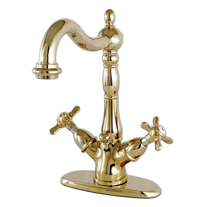 Kingston Heirloom KS1432BEX - Essex Double-Handle 1-or-3 Hole Deck Mount 4-Inch Centerset Bathroom Faucet with Brass Pop-Up, Polished Brass