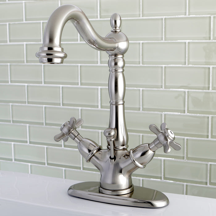 Essex KS1438BEX Two-Handle 1-or-3 Hole Deck Mount Bathroom Faucet with Brass Pop-Up, Brushed Nickel