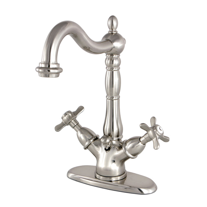 Kingston Heirloom KS1438BEX - Essex Double-Handle 1-or-3 Hole Deck Mount 4-Inch Centerset Bathroom Faucet with Brass Pop-Up, Brushed Nickel