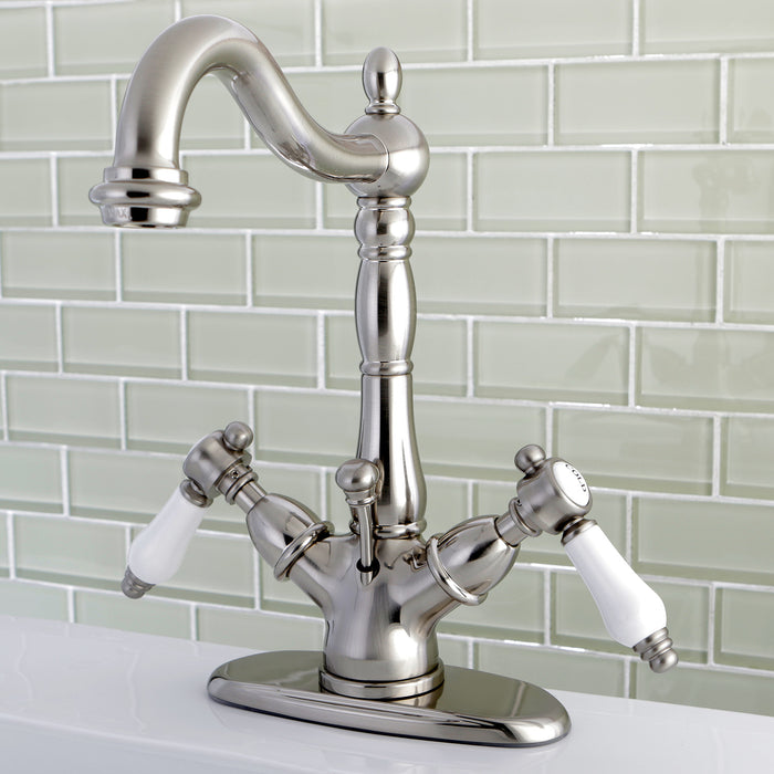 Bel-Air KS1438BPL Two-Handle 1-or-3 Hole Deck Mount Bathroom Faucet with Brass Pop-Up, Brushed Nickel