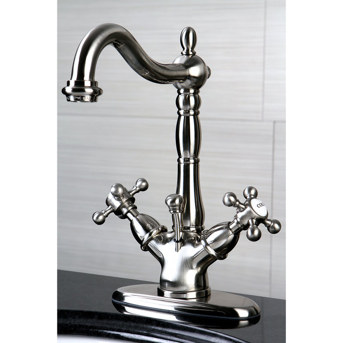 Kingston Heirloom KS1438BX - Vintage Double-Handle 1-or-3 Hole Deck Mount 4-Inch Centerset Bathroom Faucet with Brass Pop-Up, Brushed Nickel