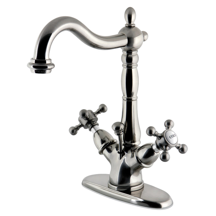 Kingston Heirloom KS1438BX - Vintage Double-Handle 1-or-3 Hole Deck Mount 4-Inch Centerset Bathroom Faucet with Brass Pop-Up, Brushed Nickel