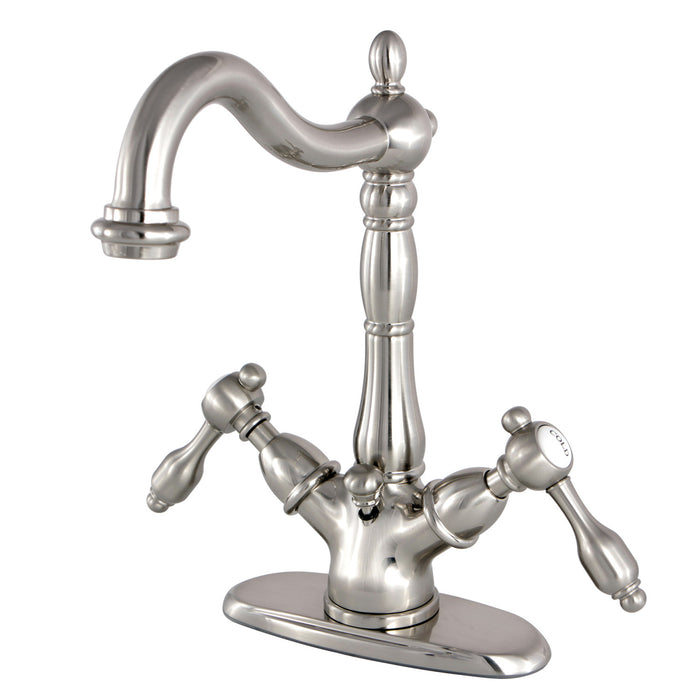 Tudor KS1438TAL Two-Handle 1-or-3 Hole Deck Mount Bathroom Faucet with Brass Pop-Up, Brushed Nickel