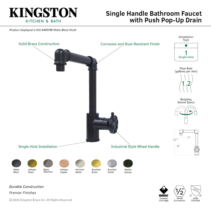 Kingston Sona KS144RXAB - Belknap One-Handle 1-Hole Bathroom Faucet with Push Pop-Up Drain, Antique Brass